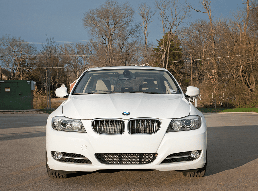 Front view of a white BMW car