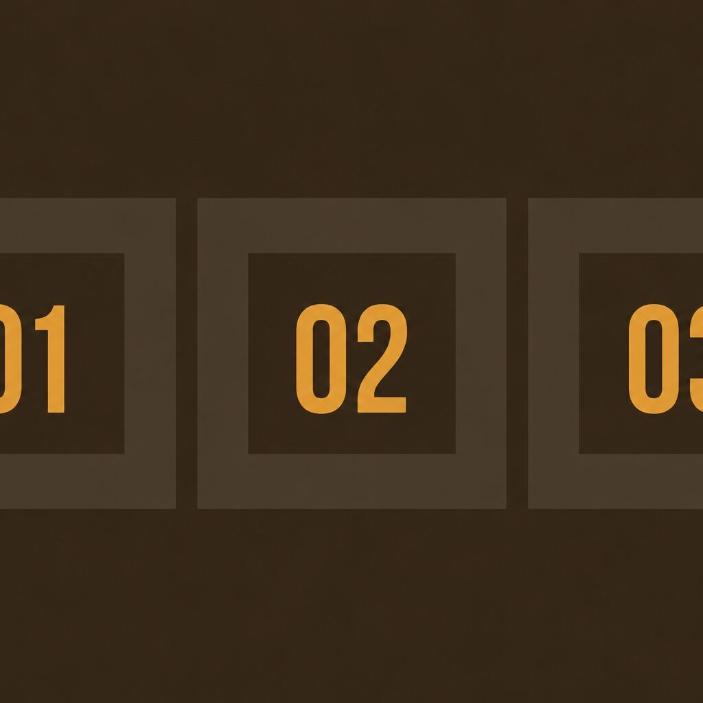 Three brown tiles labeled 01, 02, 03